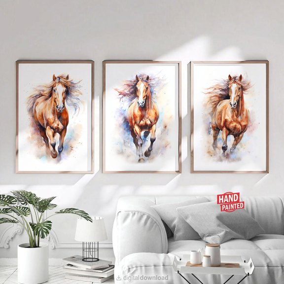UNFFRAMED Horse Posters Wall Art Set, Equestrian Running Brown Bay Stallion Decor Wild Equine Portrait Poster Set 3 Prints 16x24