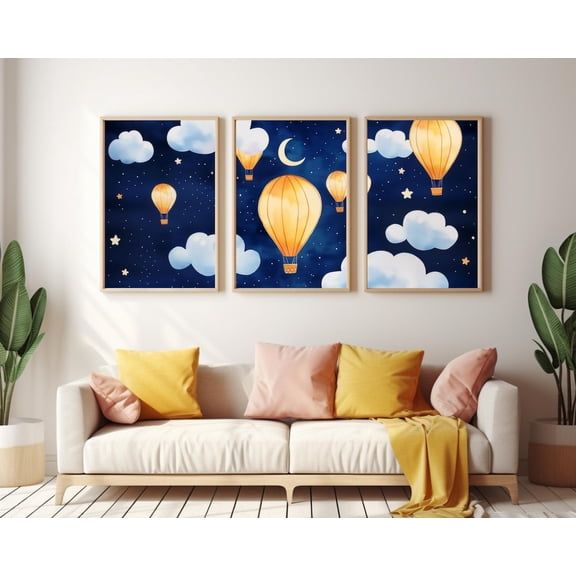 UNFFRAMED Hot Air Balloon Poster, Set Of 3, Dreamy Night Sky Wall Art, Celestial Triptych Poster, Golden Balloons Decor, Starry Nursery Room Set 3 Prints 12x18
