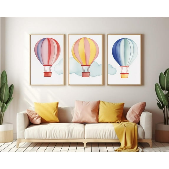 UNFFRAMED Hot Air Balloon Poster, Set Of 3, Nursery Wall Art, Playful Sky Decor, Room Poster, Whimsical Travel Artwork, Theme Set 3 Prints 16x24