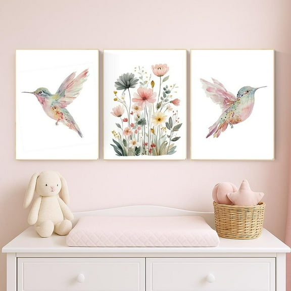 UNFFRAMED Hummingbird Wall Art Print Set, Floral Nursery Decor, Pink Bird & Wildflowers Trio, Pastel Botanical Baby Girl Posters #131 Set 3 Prints 8x12
