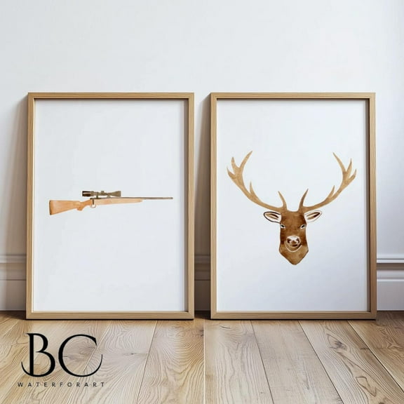 Luvia Hunting Art Set Of 2, Hunting Riffle & Deer Print, Hunting, Man Cave Decor, Deer Print, Western Decor, Deer Print, Modern Wall Decor Set 2 Prints 8x12 UNFRAMED