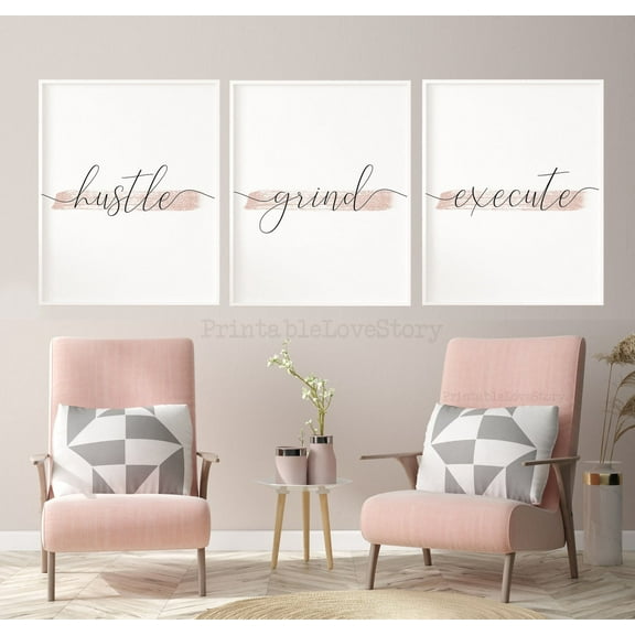 UNFFRAMED Hustle Grind Execute wall prints,Printable office wall decor,Pink office accessories,Gold rose decor for office,office wall art Set 3 Prints 12x18
