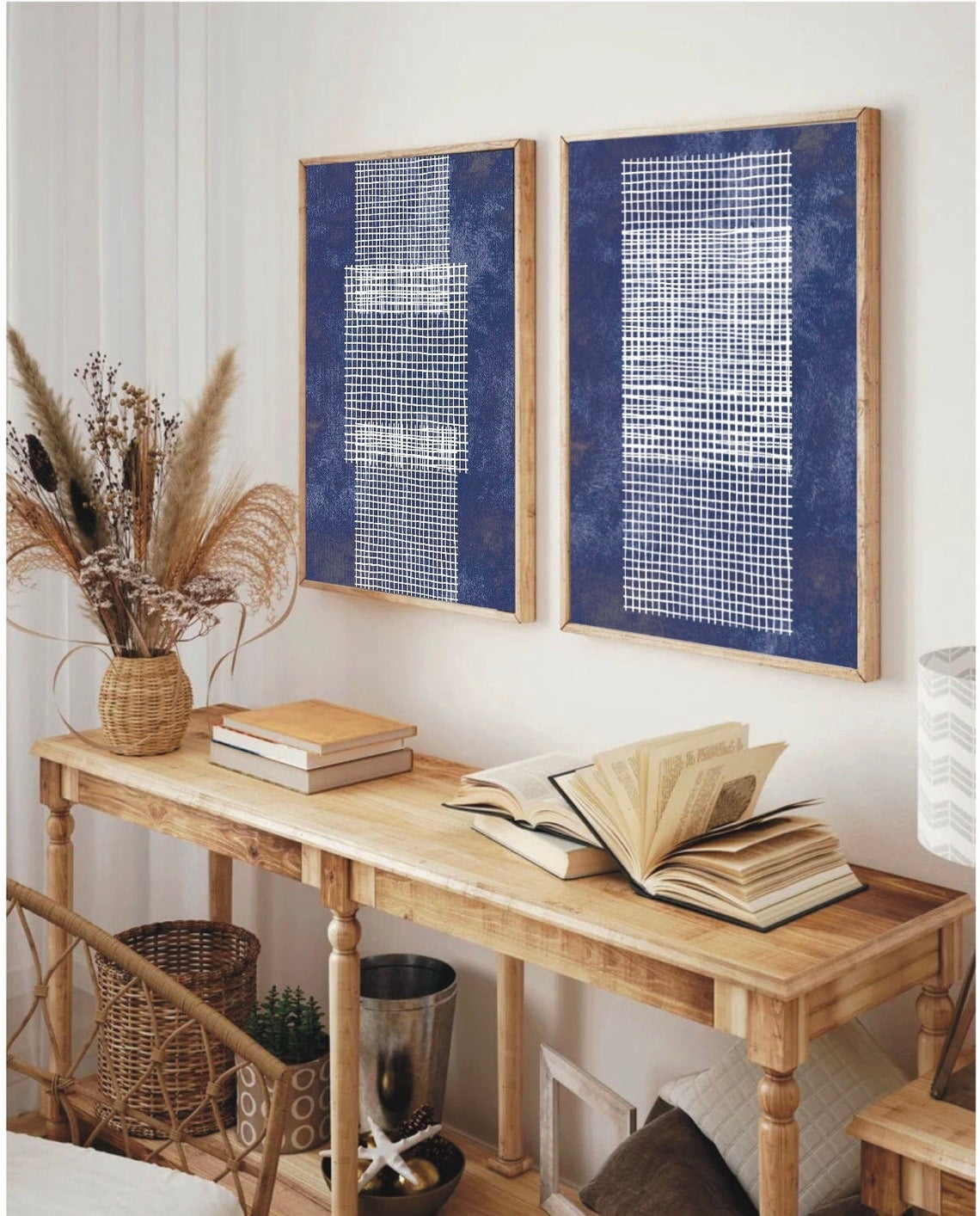 UNFFRAMED Indigo blue prints, 2 piece art set, blue abstract wall art ...