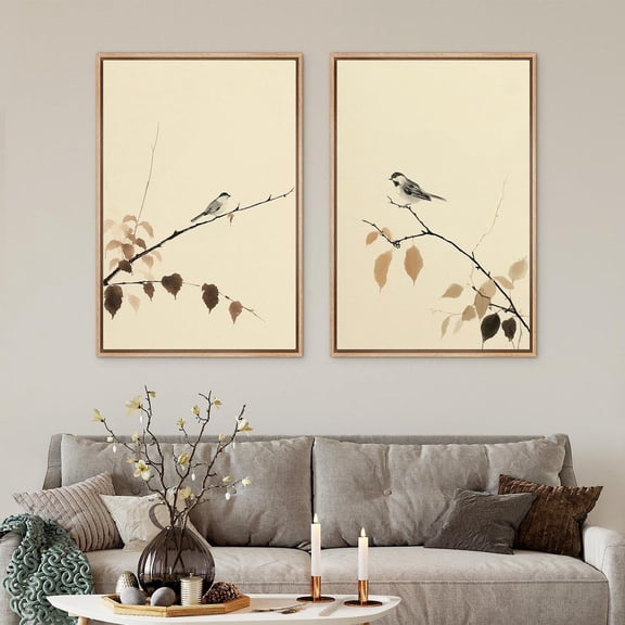 UNFFRAMED Ink Bird Wall Art Set Of 2, Japanese Style Nature Prints, Minimalist Bird On Branches For Zen Living Room Or Meditation Space Set 2 Prints 20x30