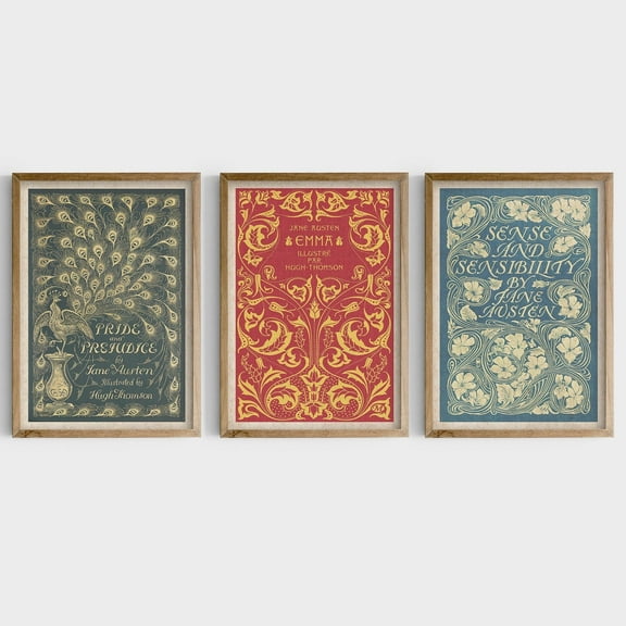 UNFFRAMED Jane Austen Book Cover Art Print Bundle, Bookish For Book Lovers And Bookworm, Vintage Printable, Classic Book Lover Art Set 3 Prints 8x12