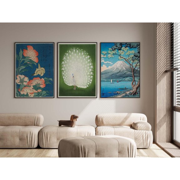UNFFRAMED Japanese Art Prints Set, Hokusai, Peacock, Mount Fuji Set 3 Prints 20x30