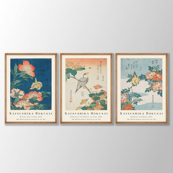 UNFFRAMED Japanese Bird Prints, Vintage Hokusai Woodblock Art Set 3 Prints 16x24