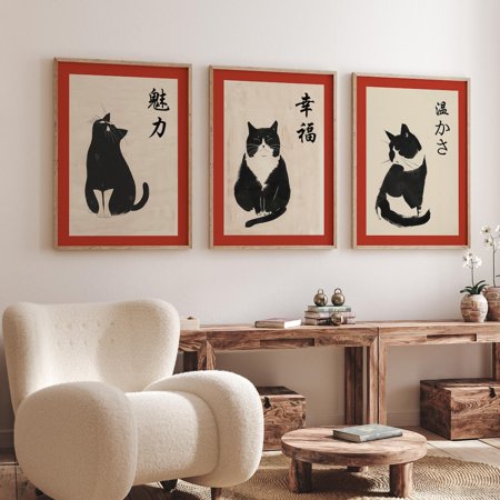 UNFFRAMED Japanese Cat Prints - Sumi- E Feline - Set Of 3 Zen Ink Wash Posters - Asian Inspired Decor For Home Or Office, Modern Wall Decor Set 3 Prints 8x12