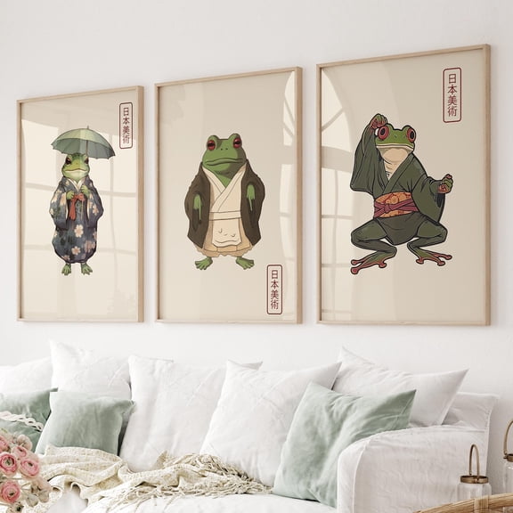 UNFFRAMED Japanese Frog Bathroom Art Prints, Japandi Decor, Set Of 3 Set 3 Prints 8x12