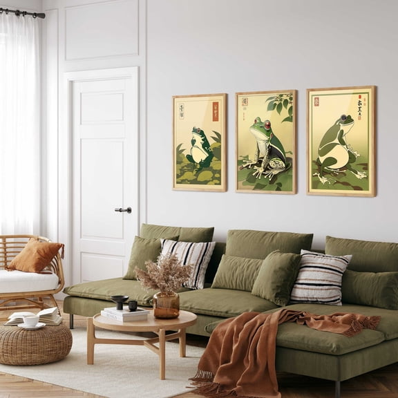 UNFFRAMED Japanese Frog Illustration Prints Set, Whimsical Gallery Wall Art Set 3 Prints 16x24