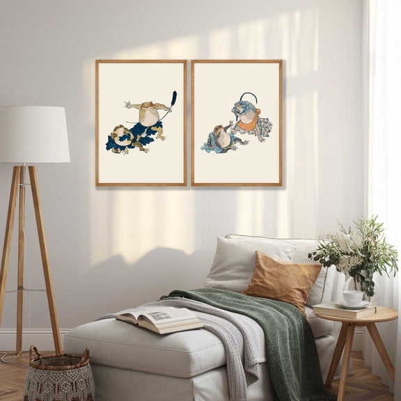 UNFFRAMED Japanese Frog Print Set, Ukiyo-e Woodblock Wall Art Set 2 Prints 16x24