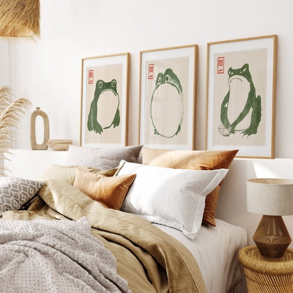UNFFRAMED Japanese Frog Print Set, Vintage Woodblock Style, Japandi Wall Art Set 3 Prints 8x12