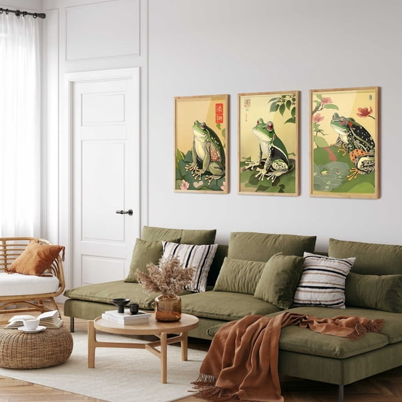 UNFFRAMED Japanese Frog Print, Whimsical Woodblock Style Wall Art Set 3 Prints 20x30