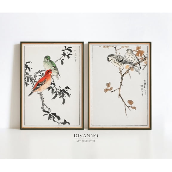 UNFFRAMED Japanese Set Of 2 Birds Prints, Neutral Gallery Wall, Asian Minimalist Decor, Oriental Aesthetic Collection, Botanical, Idea Set 2 Prints 20x30