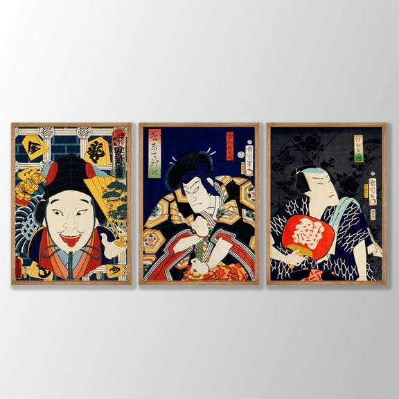 UNFFRAMED Japanese Ukiyo-e Prints Set, Toyohara Kunichika Woodblock Art Set 3 Prints 8x12