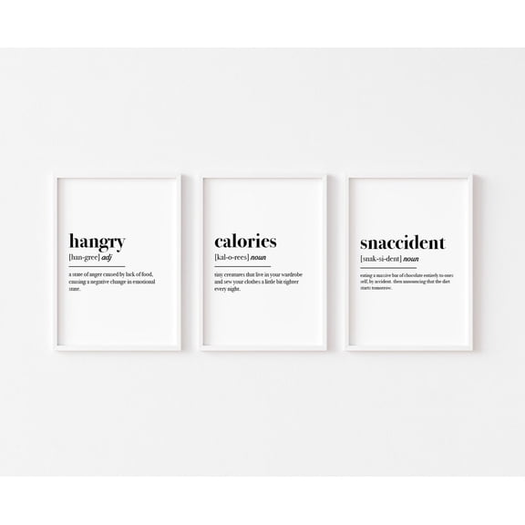 UNFFRAMED Kitchen Prints, Definition Print, Kitchen Prints, Hangry, Calories, Snaccident, Kitchen Wall Art, Kitchen Decor, Food Print Set 3 Prints 8x12