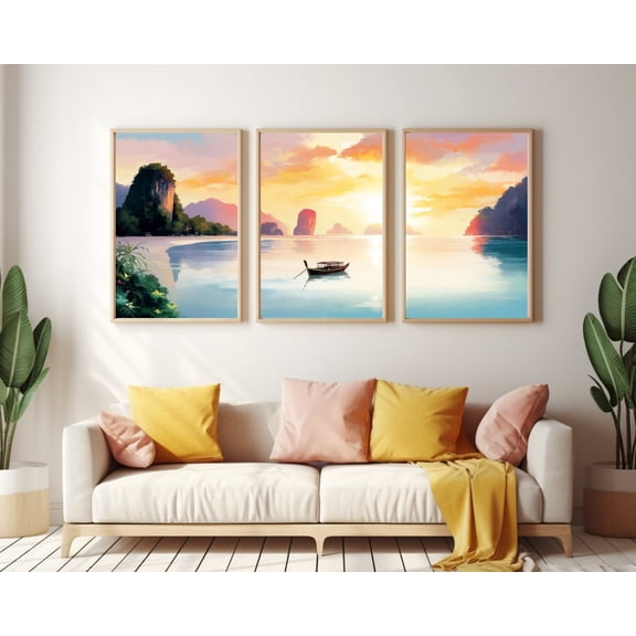 UNFFRAMED Ko Kradan Poster Set Of 3, Thai Longtail Boat Wall Art, Tropical Island Decor, Seaside Poster, Asia Travel Artwork, Coastal Beach Set 3 Prints 20x30