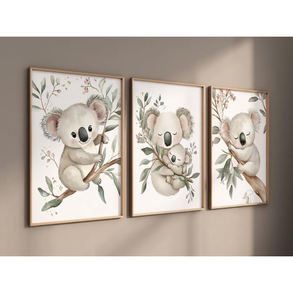 UNFFRAMED Koala Bear Nursery Wall Art Set Of 3 - Baby Animal Prints For Room - Woodland Jungle Decor - Neutral Gender Baby Room Posters #119 Set 3 Prints 12x18