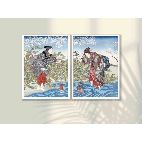 UNFFRAMED Kuniyoshi Japanese Woman Art Print Set, Woodblock Asian Decor Set 2 Prints 8x12