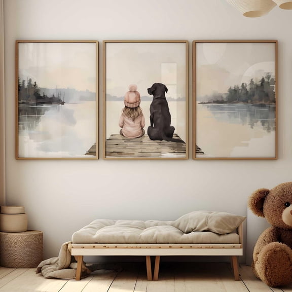 Luvia Labrador Nursery Print, Black Lab, Girl & Dog Poster, Lake Nursery Decor, Labrador Retriever Set Of 3, Dog, Modern Wall Decor Set 3 Prints 8x12 UNFRAMED