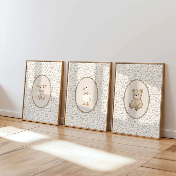 UNFFRAMED Lamb, Bear and Goose Nursery Wall Art, Girl Room Decor, Cute Floral Animal Print, Sage Green Peachy Pink Vintage Playroom Prints Set 3 Prints 12x18