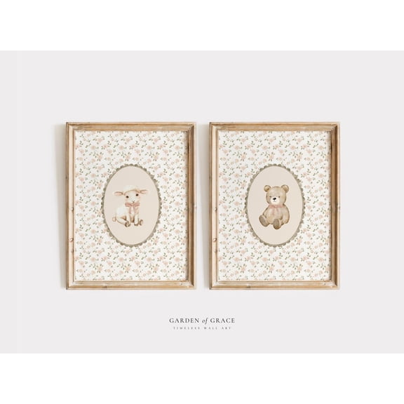 UNFFRAMED Lamb and Bear Nursery Wall Art Set, Garden Theme Girl's Room Decor, Cute Floral Animal Print, Sage Green Peachy Pink Vintage Sheep Prints Set 2 Prints 16x24