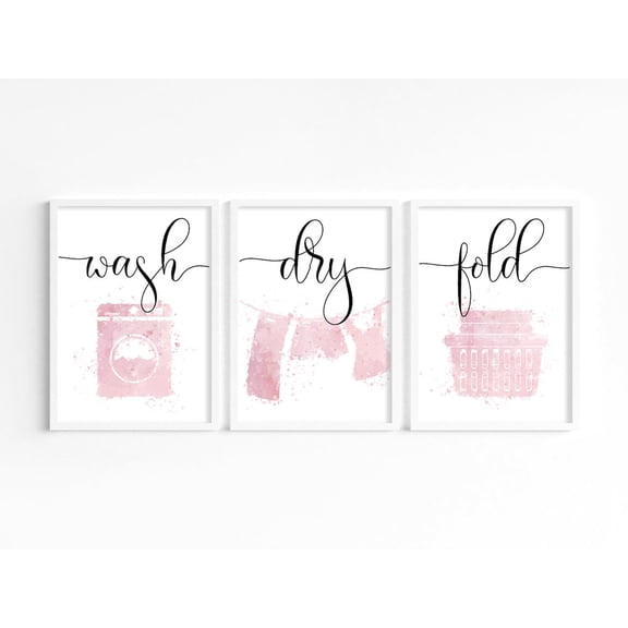 UNFFRAMED Laundry Room Posters Set, Pink Wash Dry Fold, Minimalist Wall Art, Pink Utility Decor Set 3 Prints 16x24
