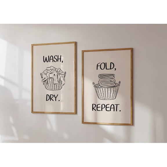 UNFFRAMED Laundry Room Prints, Wash Dry, Fold Repeat, Laundry Room Wall Art, Laundry Quote Wall Decor, Laundry Poster, Laundromat Printable Set 2 Prints 12x18