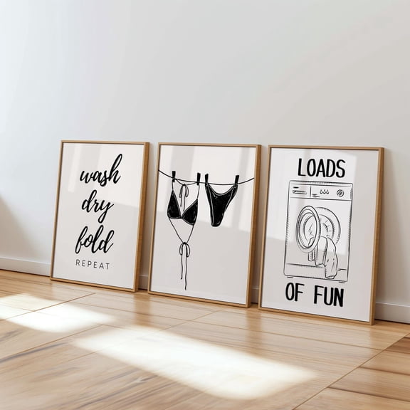 UNFFRAMED Laundry Room Wall Art Set, Wash Dry Fold Quote Poster, Black And White Laundry Decor, Cute Laundromat Poster Set 3 Prints 20x30