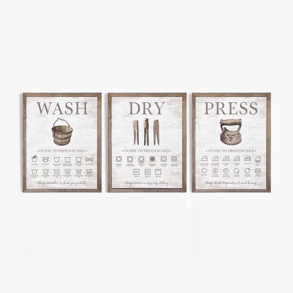 UNFFRAMED Laundry Room Wall Decor Art, Wash Dry Press Clothing Symbols Set, Functional Laundry Guide Set 3 Prints 16x24