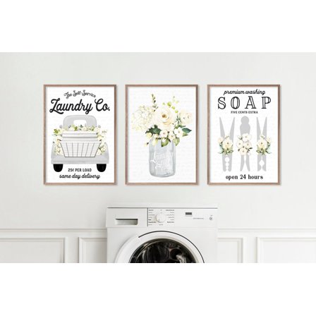UNFFRAMED Laundry Room Wall Decor Art, White Laundry Co Floral Set, Original Unique Farmhouse Laundry Room Set 3 Prints 8x12