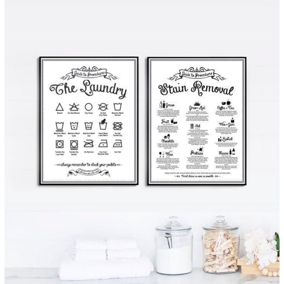 UNFFRAMED Laundry Wall Decor, Clothing Symbols Stain Removal Set Vintage Laundry, Farmhouse Laundry Room Art Set 2 Prints 12x18