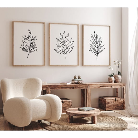 UNFFRAMED Leaf Line Art, 3 Piece Wall Art, Drawn Botanical Art, Leaf Line Drawing, Minimalist Leaf Prints, Botanical Leaves, Set 3 Prints 12x18