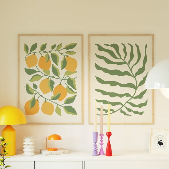 UNFFRAMED Lemon Botanical Print Set Of 2, Scandinavian Kitchen Wall Art Set 2 Prints 8x12