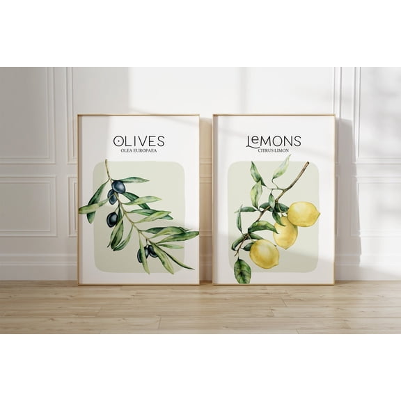 UNFFRAMED Lemon & Olive Posters, Tuscan Kitchen Wall Art Set of 2 Set 2 Prints 8x12