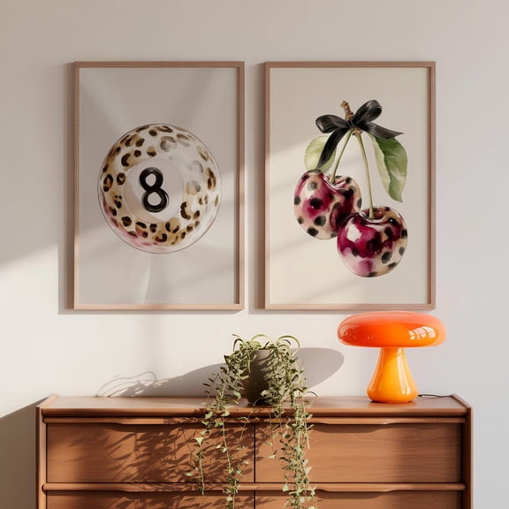 UNFFRAMED Leopard Cherry & 8 Ball Wall Art Set Of 2, Glam Y2K Poster Duo, Trendy Art, Bold Aesthetic Decor, Modern Girly Prints Set 2 Prints 8x12