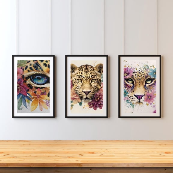 UNFFRAMED Leopard Face Art Posters, Gold Glitter Jungle Set ) Set 3 Prints 20x30