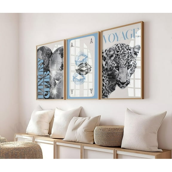 UNFFRAMED Light Blue Leopard Gallery Wall Art Set Trendy Fashion Stylish Posters Decor Office Aesthetic Cool Wall Art Fashion Magazine Luxury Club Set 3 Prints 16x24