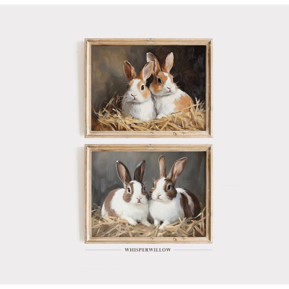 UNFFRAMED Light Brown And White Dutch Rabbits Set Two, Cute Bunny Animal Art, Rustic Farmhouse Wall Decor Set 2 Prints 20x30