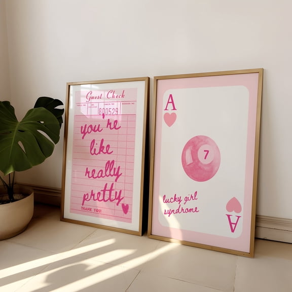 UNFFRAMED You'Re Like Really Pretty Print, Guest Check Poster, Pink Preppy Maximalist Poster, Girly Set Of 2 Print, Lucky Girl Syndrome Print Set 2 Prints 12x18