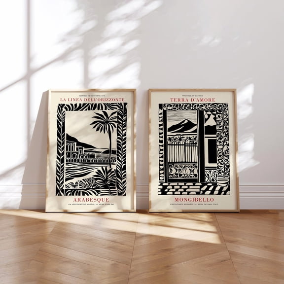 UNFFRAMED Linocut Nature Poster Set: Modern Farmhouse Wall Art Set 2 Prints 16x24