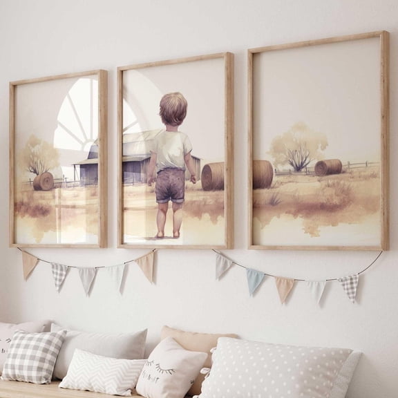 Luvia Little Farm Boy Print Set Of 3, Farmhouse Nursery Decor, Countryside Landscape Nursery, Farm Theme, Boys Room Country Art, Boy'S, Modern Wall Decor Set 3 Prints 16x24 UNFRAMED