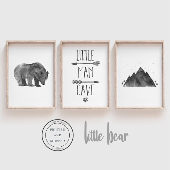 UNFFRAMED Little Man Cave Poster, Rustic Nursery Art, Nursery Decor, Nursery Wall Art, Woodland Nursery, Baby Decor, Set Of 3, Little Bear Cave Set 3 Prints 8x12
