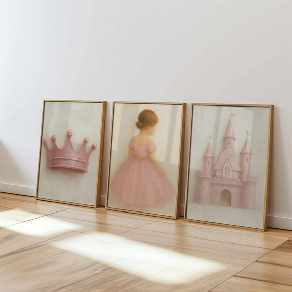 UNFFRAMED Little Princess Nursery Wall Art Set, Fairy Tale Wall Art Set, Impasto Pink Castle And Crown Decor, Little Girl Bedroom Wall Art, Set 3 Prints 12x18