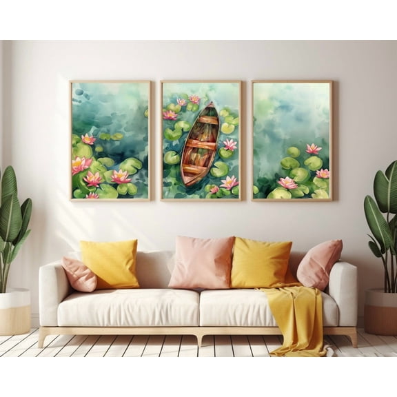 UNFFRAMED Lotus Pond Poster, Set Of 3, Botanical Flower Wall Art, Water Lily Decor, Serene Lake Poster, Nature Landscape Artwork, Zen Theme Set 3 Prints 8x12