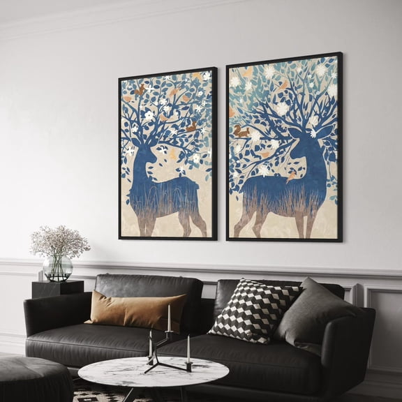 UNFFRAMED Love Deer 2-Piece Wall Art Set, Abstract Forest Poster Poster, Modern Animal Home Decor, Nature-Inspired Wall Hanging Set 2 Prints 16x24