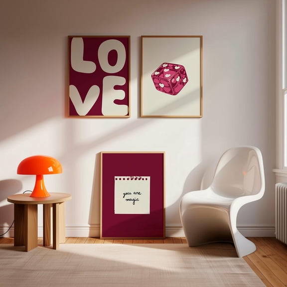 UNFFRAMED Love Poster Set, Coquette Wall Art Prints, Burgundy Retro Decor, You Are Magic Quote Art, Dice Hearts Print, Set Set 3 Prints 20x30