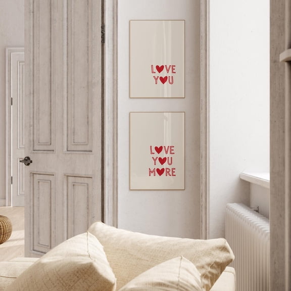 UNFFRAMED Love You More Poster Set Red Heart Typography Valentine'Sday Poster Minimalist Romantic Couple Wall-Art Set 2 Prints 20x30