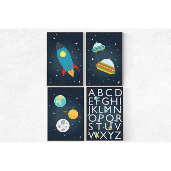 UNFFRAMED Luvia Alphabet Space Poster Set of 4 Outer Space ABC Letters Baby Room Boy Nursery Toddler Decor Set 4 Prints 8x12
