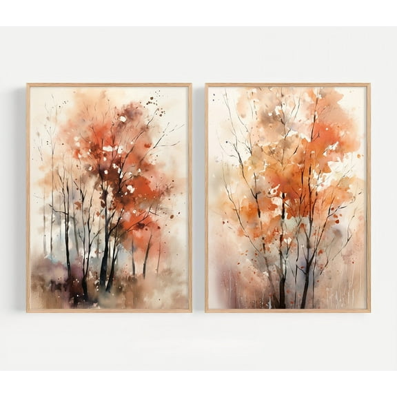UNFFRAMED Luvia Autumn Forest Wall Art Set of 2, Calming Fall Tree Landscape Prints for Rustic Home Decor Set 2 Prints 12x18